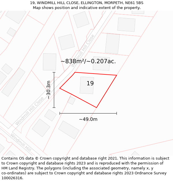 19, WINDMILL HILL CLOSE, ELLINGTON, MORPETH, NE61 5BS: Plot and title map