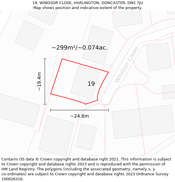 19, WINDSOR CLOSE, HARLINGTON, DONCASTER, DN5 7JU: Plot and title map