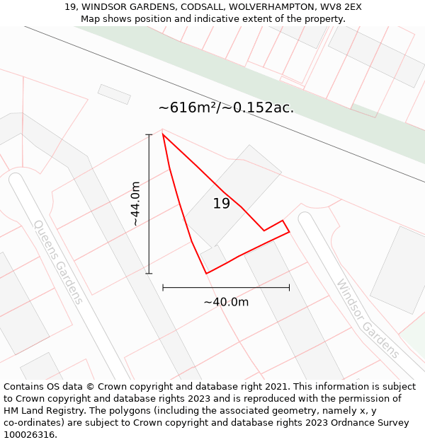 19, WINDSOR GARDENS, CODSALL, WOLVERHAMPTON, WV8 2EX: Plot and title map