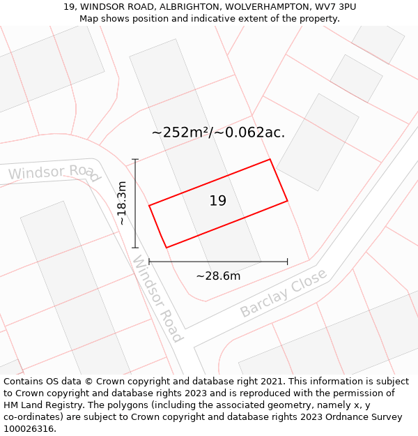 19, WINDSOR ROAD, ALBRIGHTON, WOLVERHAMPTON, WV7 3PU: Plot and title map