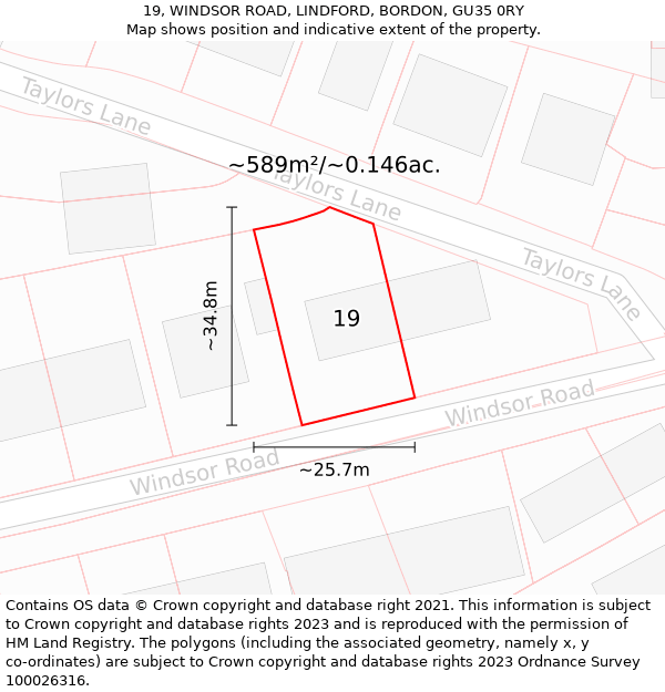 19, WINDSOR ROAD, LINDFORD, BORDON, GU35 0RY: Plot and title map