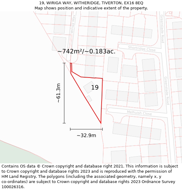 19, WIRIGA WAY, WITHERIDGE, TIVERTON, EX16 8EQ: Plot and title map