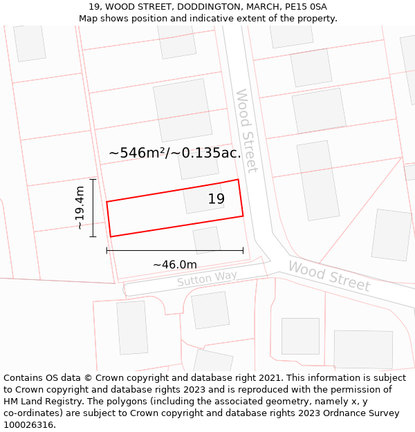 19, WOOD STREET, DODDINGTON, MARCH, PE15 0SA: Plot and title map