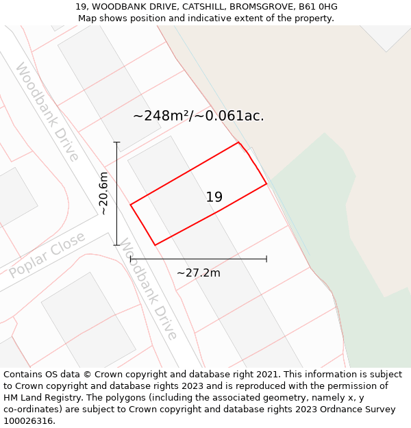 19, WOODBANK DRIVE, CATSHILL, BROMSGROVE, B61 0HG: Plot and title map