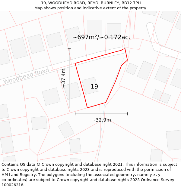 19, WOODHEAD ROAD, READ, BURNLEY, BB12 7PH: Plot and title map