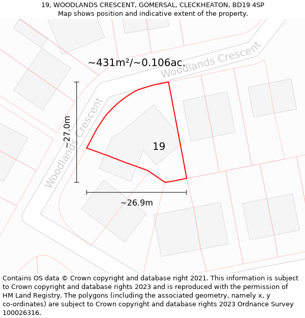 19, WOODLANDS CRESCENT, GOMERSAL, CLECKHEATON, BD19 4SP: Plot and title map