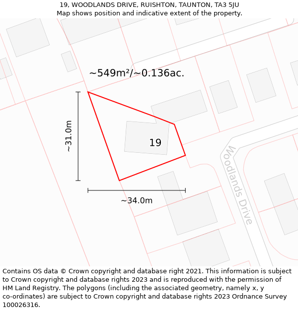 19, WOODLANDS DRIVE, RUISHTON, TAUNTON, TA3 5JU: Plot and title map