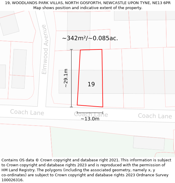 19, WOODLANDS PARK VILLAS, NORTH GOSFORTH, NEWCASTLE UPON TYNE, NE13 6PR: Plot and title map