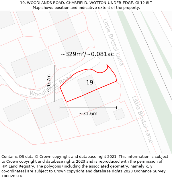 19, WOODLANDS ROAD, CHARFIELD, WOTTON-UNDER-EDGE, GL12 8LT: Plot and title map