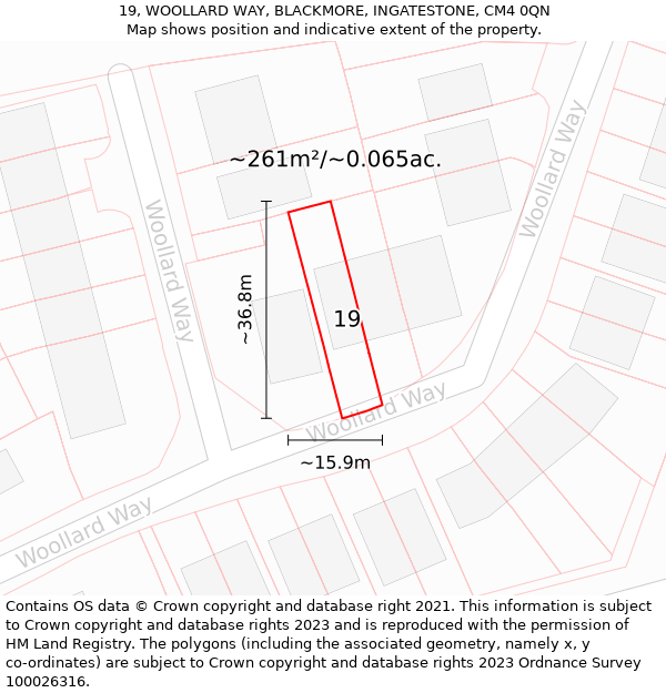 19, WOOLLARD WAY, BLACKMORE, INGATESTONE, CM4 0QN: Plot and title map