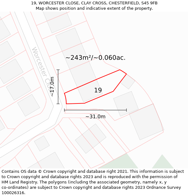 19, WORCESTER CLOSE, CLAY CROSS, CHESTERFIELD, S45 9FB: Plot and title map