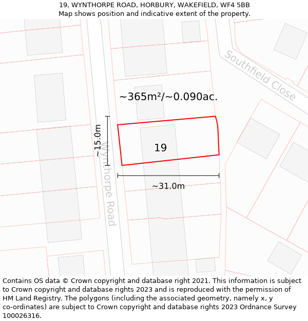 19, WYNTHORPE ROAD, HORBURY, WAKEFIELD, WF4 5BB: Plot and title map