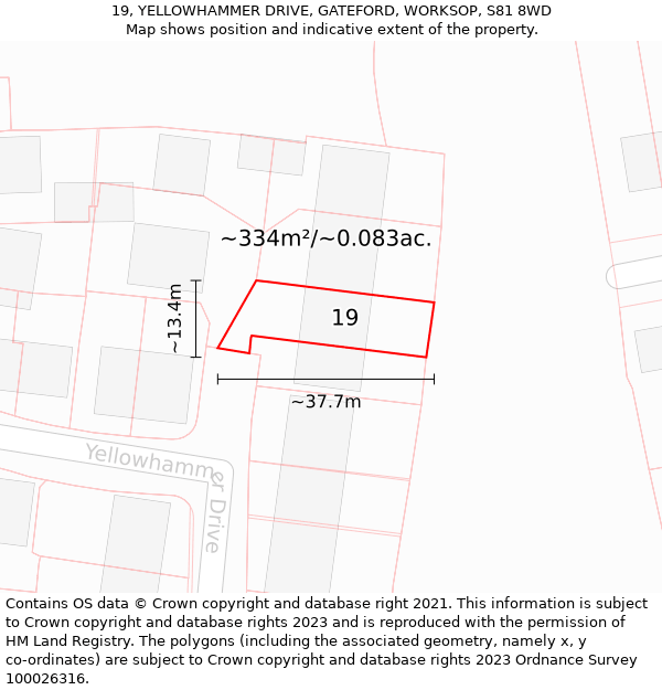 19, YELLOWHAMMER DRIVE, GATEFORD, WORKSOP, S81 8WD: Plot and title map