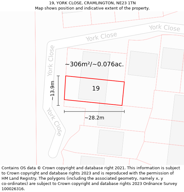 19, YORK CLOSE, CRAMLINGTON, NE23 1TN: Plot and title map