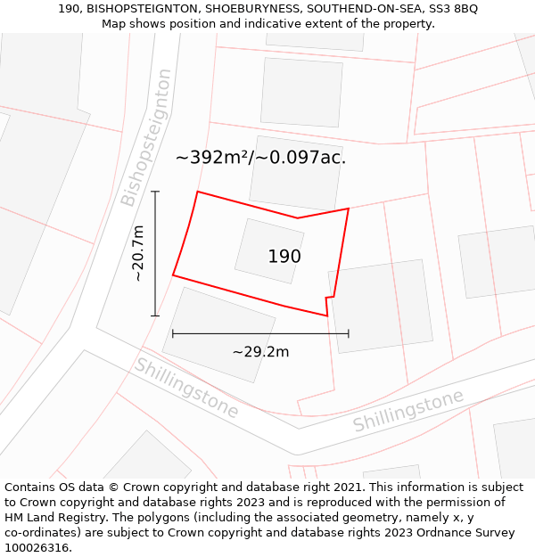 190, BISHOPSTEIGNTON, SHOEBURYNESS, SOUTHEND-ON-SEA, SS3 8BQ: Plot and title map