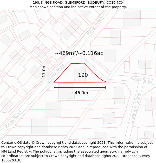 190, KINGS ROAD, GLEMSFORD, SUDBURY, CO10 7QX: Plot and title map