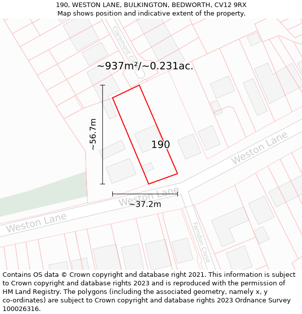 190, WESTON LANE, BULKINGTON, BEDWORTH, CV12 9RX: Plot and title map