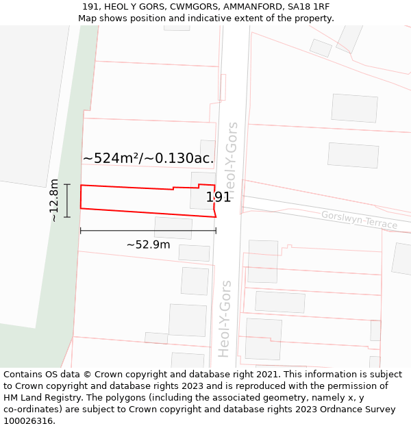 191, HEOL Y GORS, CWMGORS, AMMANFORD, SA18 1RF: Plot and title map