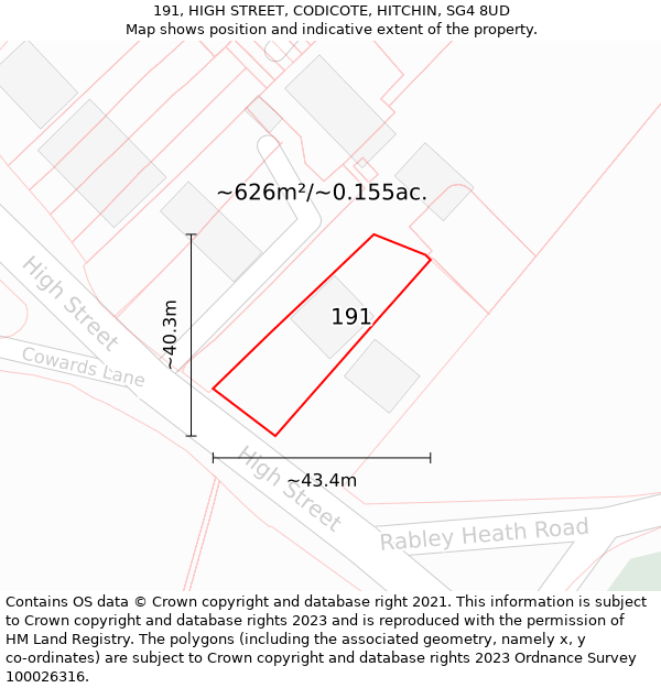 191, HIGH STREET, CODICOTE, HITCHIN, SG4 8UD: Plot and title map