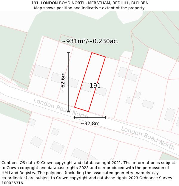 191, LONDON ROAD NORTH, MERSTHAM, REDHILL, RH1 3BN: Plot and title map