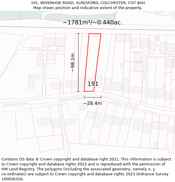 191, WIVENHOE ROAD, ALRESFORD, COLCHESTER, CO7 8AH: Plot and title map