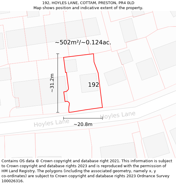 192, HOYLES LANE, COTTAM, PRESTON, PR4 0LD: Plot and title map