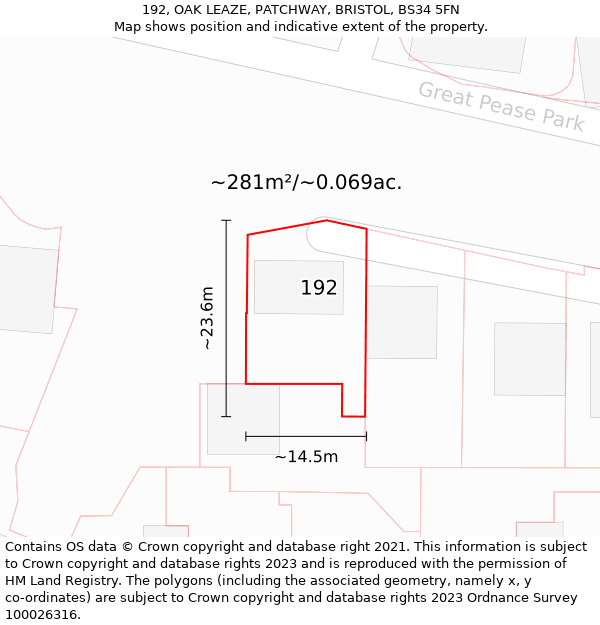 192, OAK LEAZE, PATCHWAY, BRISTOL, BS34 5FN: Plot and title map