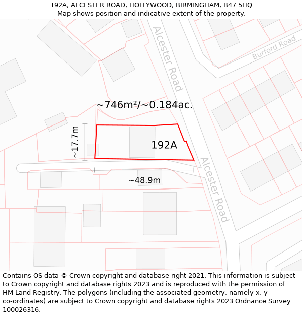 192A, ALCESTER ROAD, HOLLYWOOD, BIRMINGHAM, B47 5HQ: Plot and title map