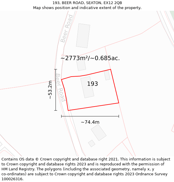 193, BEER ROAD, SEATON, EX12 2QB: Plot and title map