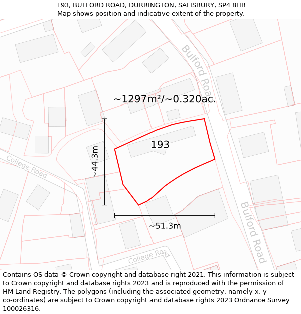 193, BULFORD ROAD, DURRINGTON, SALISBURY, SP4 8HB: Plot and title map