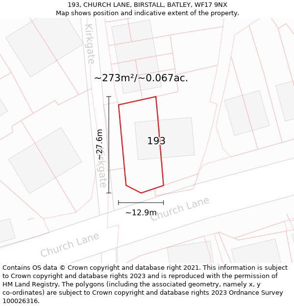 193, CHURCH LANE, BIRSTALL, BATLEY, WF17 9NX: Plot and title map