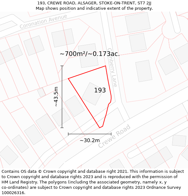 193, CREWE ROAD, ALSAGER, STOKE-ON-TRENT, ST7 2JJ: Plot and title map