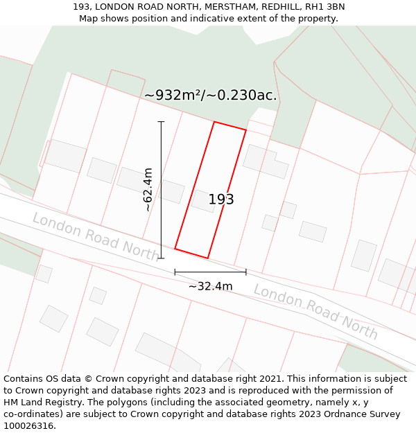 193, LONDON ROAD NORTH, MERSTHAM, REDHILL, RH1 3BN: Plot and title map