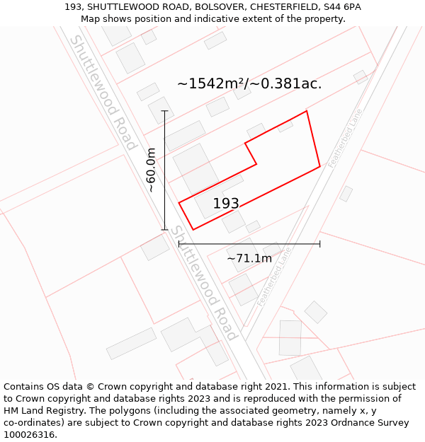 193, SHUTTLEWOOD ROAD, BOLSOVER, CHESTERFIELD, S44 6PA: Plot and title map