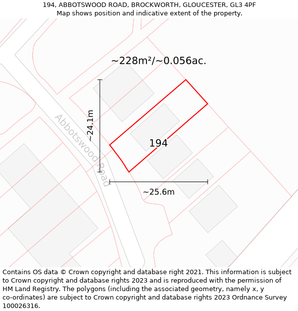 194, ABBOTSWOOD ROAD, BROCKWORTH, GLOUCESTER, GL3 4PF: Plot and title map