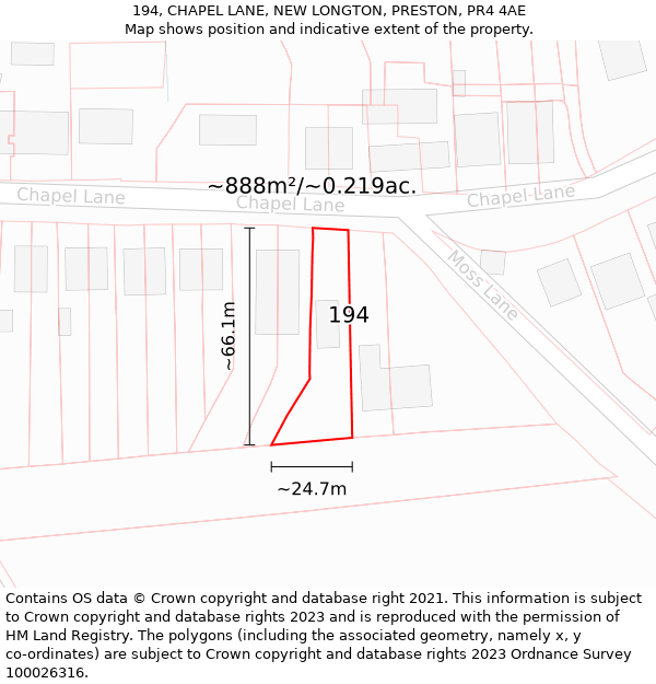 194, CHAPEL LANE, NEW LONGTON, PRESTON, PR4 4AE: Plot and title map