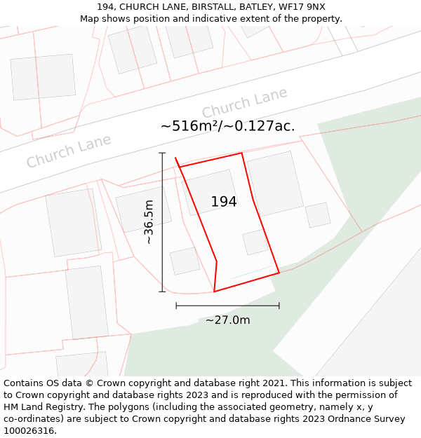 194, CHURCH LANE, BIRSTALL, BATLEY, WF17 9NX: Plot and title map