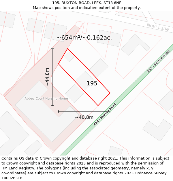 195, BUXTON ROAD, LEEK, ST13 6NF: Plot and title map