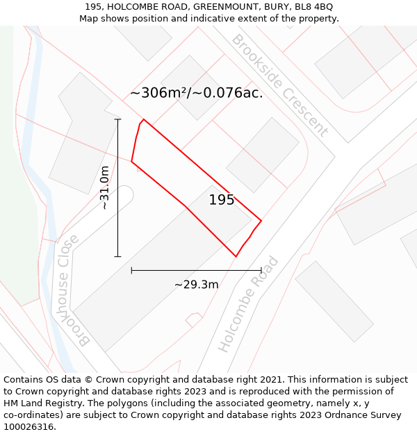 195, HOLCOMBE ROAD, GREENMOUNT, BURY, BL8 4BQ: Plot and title map