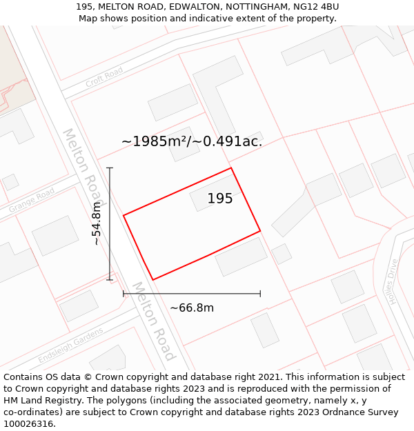 195, MELTON ROAD, EDWALTON, NOTTINGHAM, NG12 4BU: Plot and title map