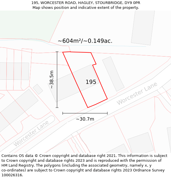 195, WORCESTER ROAD, HAGLEY, STOURBRIDGE, DY9 0PR: Plot and title map