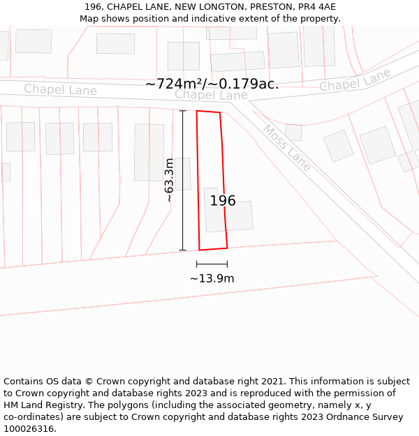 196, CHAPEL LANE, NEW LONGTON, PRESTON, PR4 4AE: Plot and title map