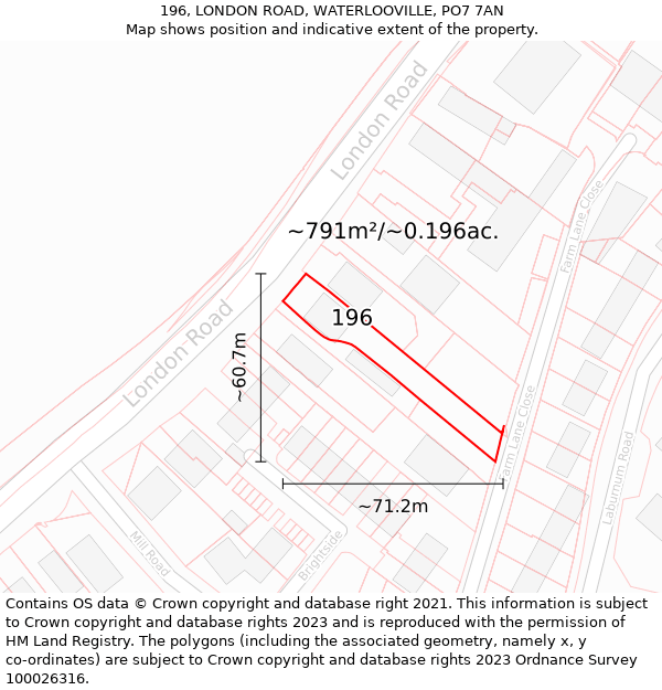 196, LONDON ROAD, WATERLOOVILLE, PO7 7AN: Plot and title map