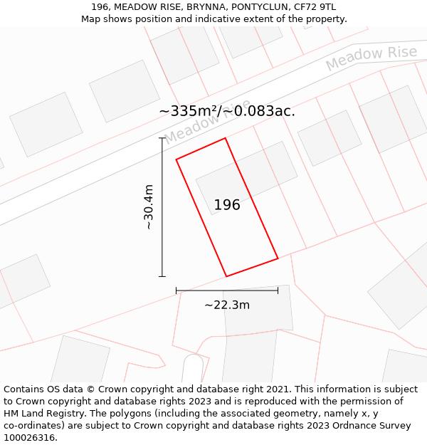 196, MEADOW RISE, BRYNNA, PONTYCLUN, CF72 9TL: Plot and title map