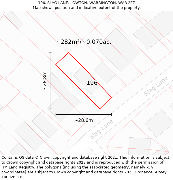 196, SLAG LANE, LOWTON, WARRINGTON, WA3 2EZ: Plot and title map