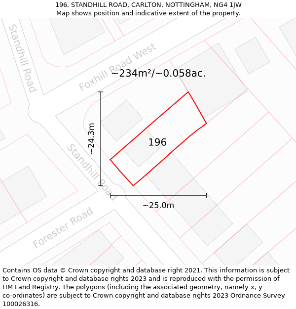 196, STANDHILL ROAD, CARLTON, NOTTINGHAM, NG4 1JW: Plot and title map