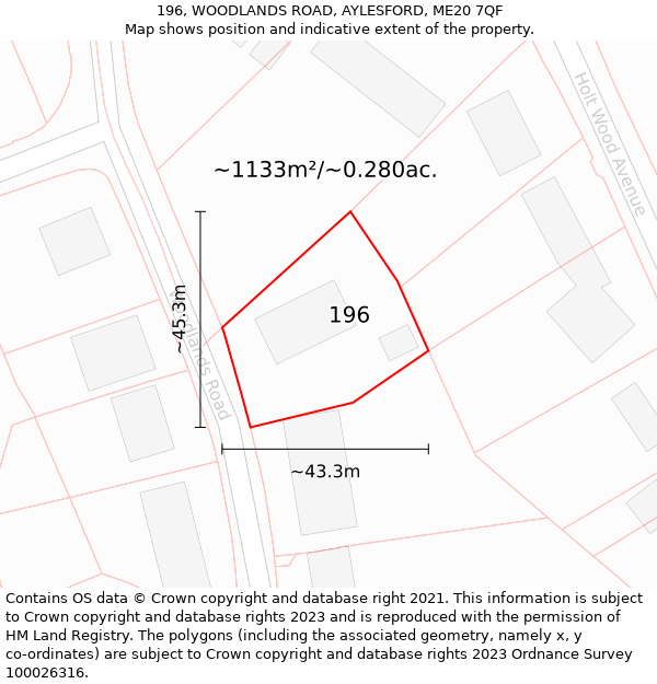 196, WOODLANDS ROAD, AYLESFORD, ME20 7QF: Plot and title map