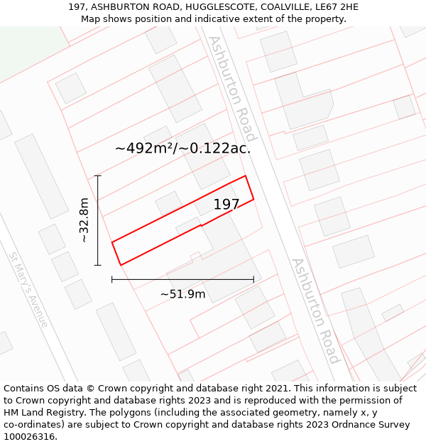 197, ASHBURTON ROAD, HUGGLESCOTE, COALVILLE, LE67 2HE: Plot and title map