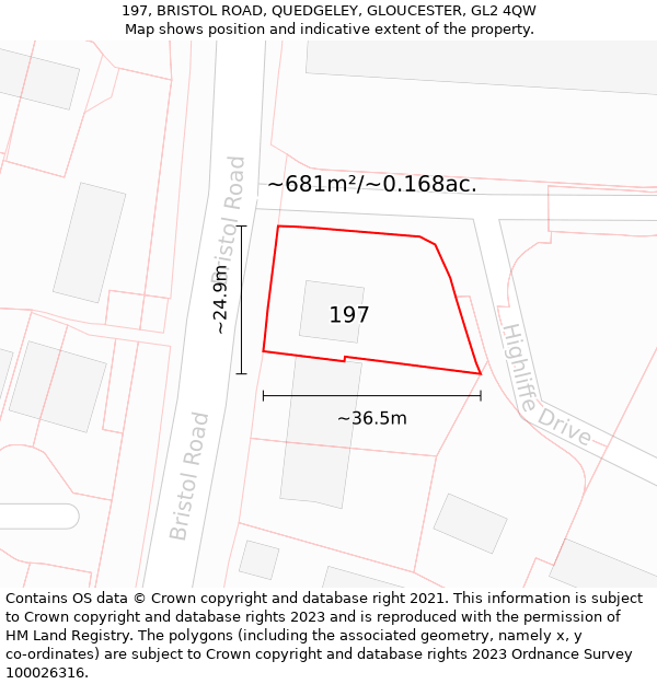 197, BRISTOL ROAD, QUEDGELEY, GLOUCESTER, GL2 4QW: Plot and title map