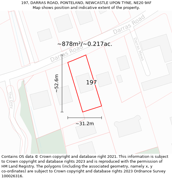 197, DARRAS ROAD, PONTELAND, NEWCASTLE UPON TYNE, NE20 9AF: Plot and title map